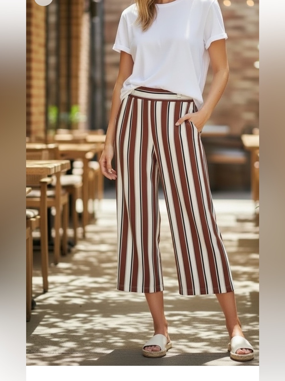 H&M Brown & White Striped Cropped Wide-Leg Pants